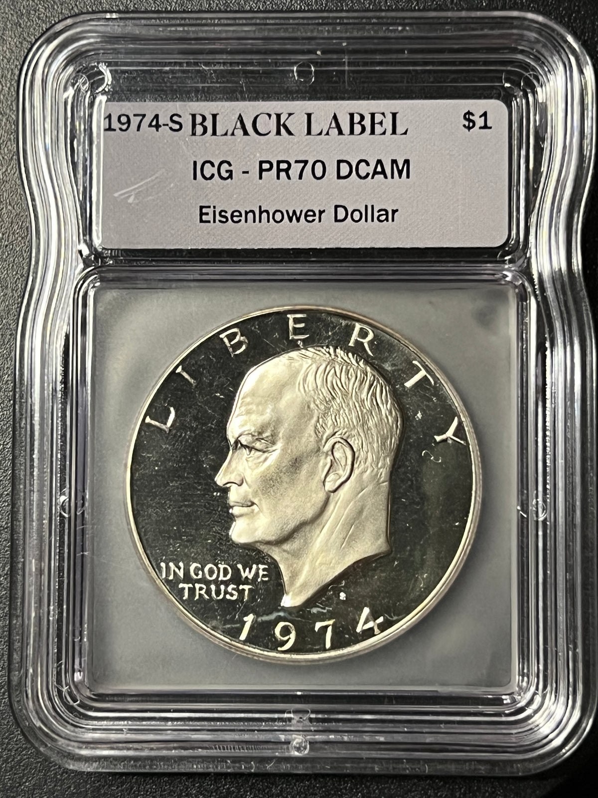 1974-S $1 Eisenhower Dollar — ICG PR70 DCAM (Black Label, Certified Slab)