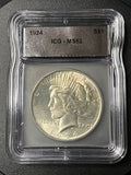 1924 Peace Silver Dollar – ICG MS62 Graded Slab