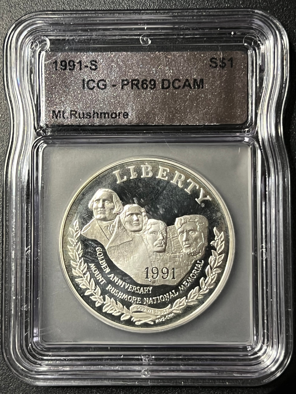 1991-S Mount Rushmore Golden Anniversary Silver Dollar — ICG PR69 DCAM — Deep Cameo Proof