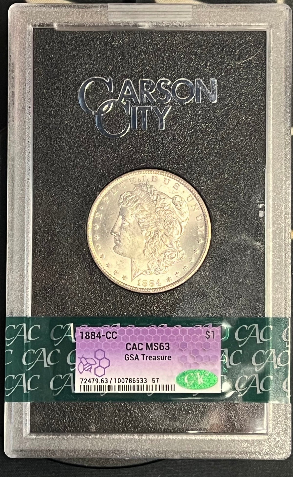 1884-CC Morgan Silver Dollar — CAC Graded MS 63 GSA Treasure (Custom CAC Holder)