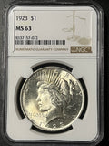 1923 $1 Peace Silver Dollar - NGC MS 63