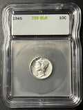 1945 Mercury Dime — ICG GLO AU55 — UV Fluorescent Holder
