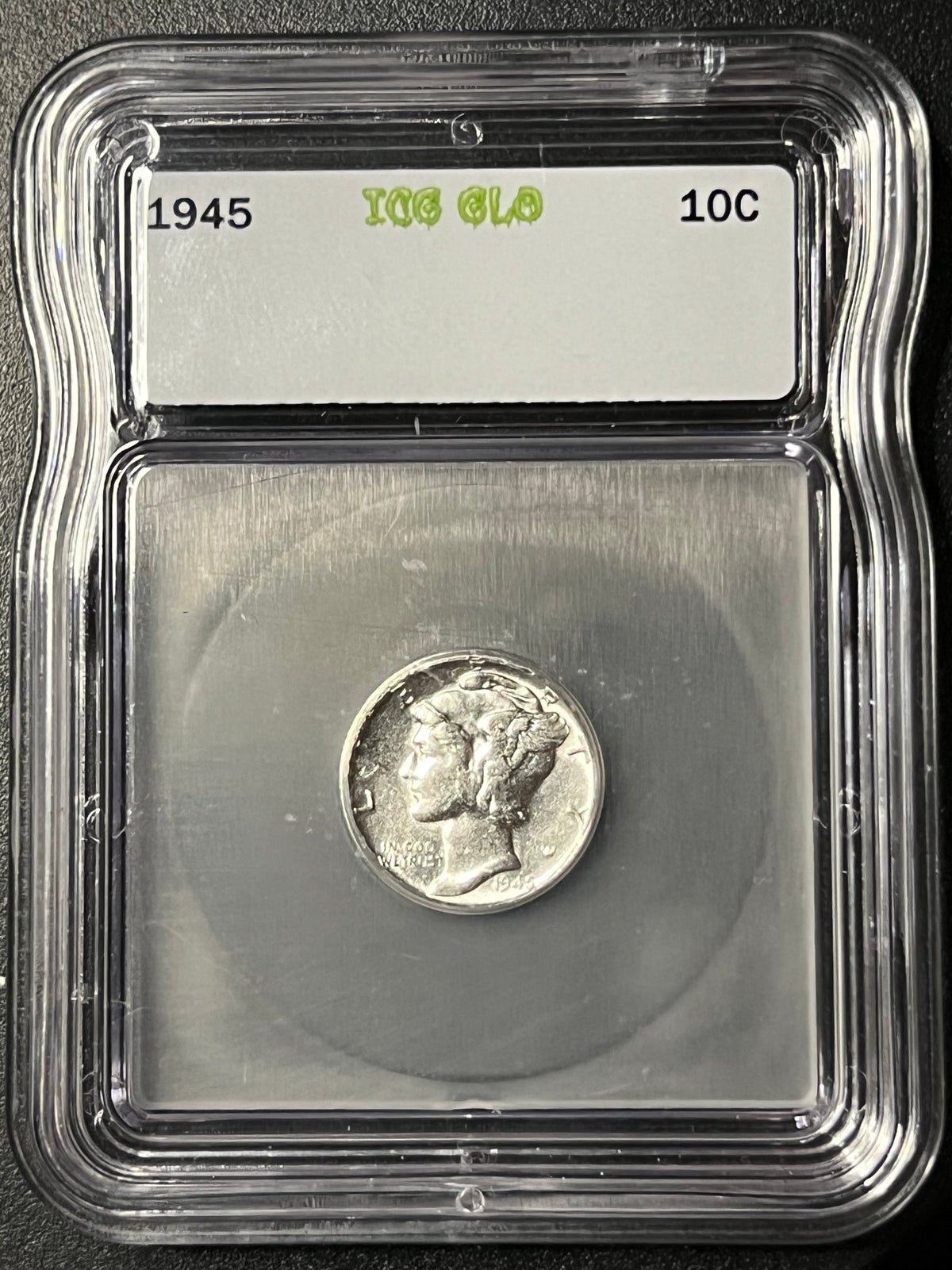 1945 Mercury Dime — ICG GLO AU55 — UV Fluorescent Holder