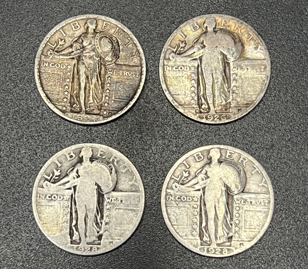 4-Piece Lot of Vintage U.S. Standing Liberty Quarters (1924, 1926, 1928, 1928)