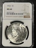 1922 $1 Peace Silver Dollar - NGC MS 60