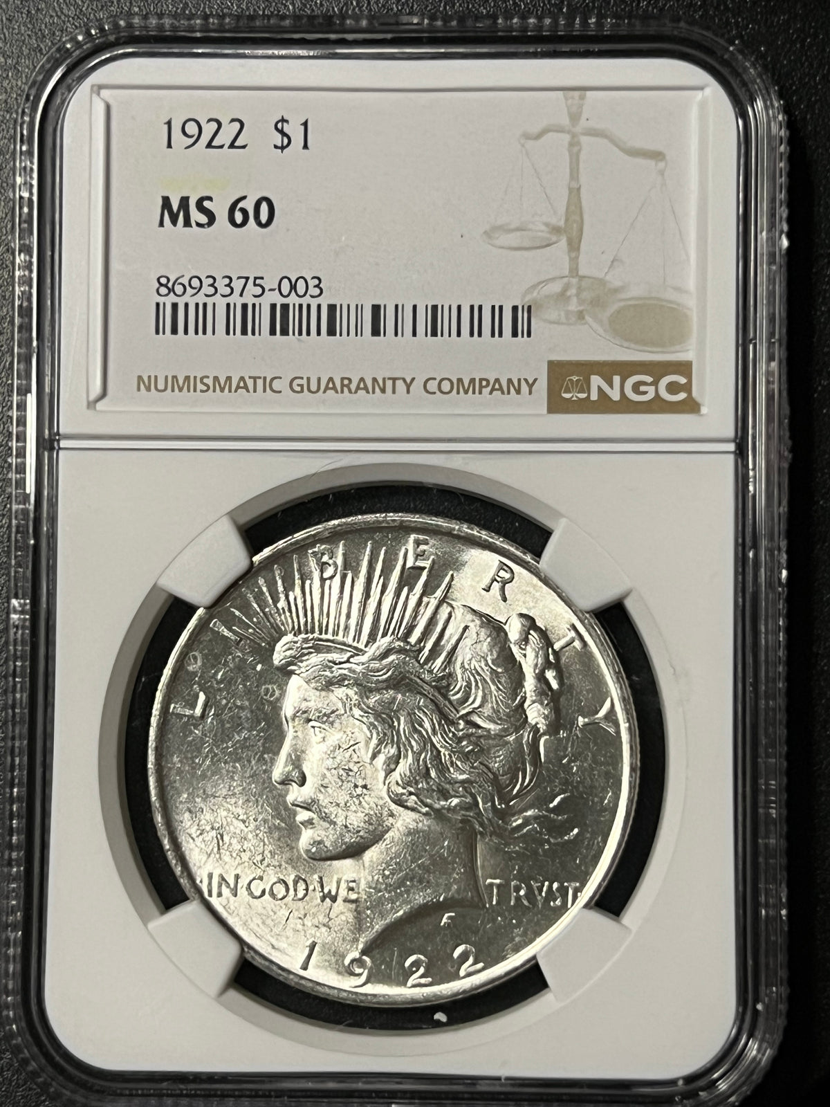 1922 $1 Peace Silver Dollar - NGC MS 60