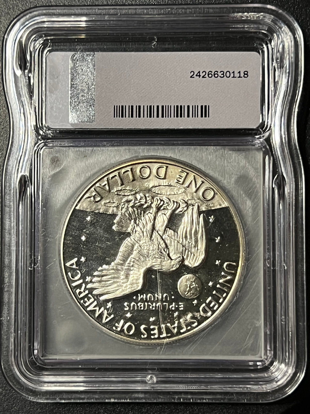 1974-S $1 Eisenhower Dollar — ICG PR70 DCAM (Black Label, Certified Slab)