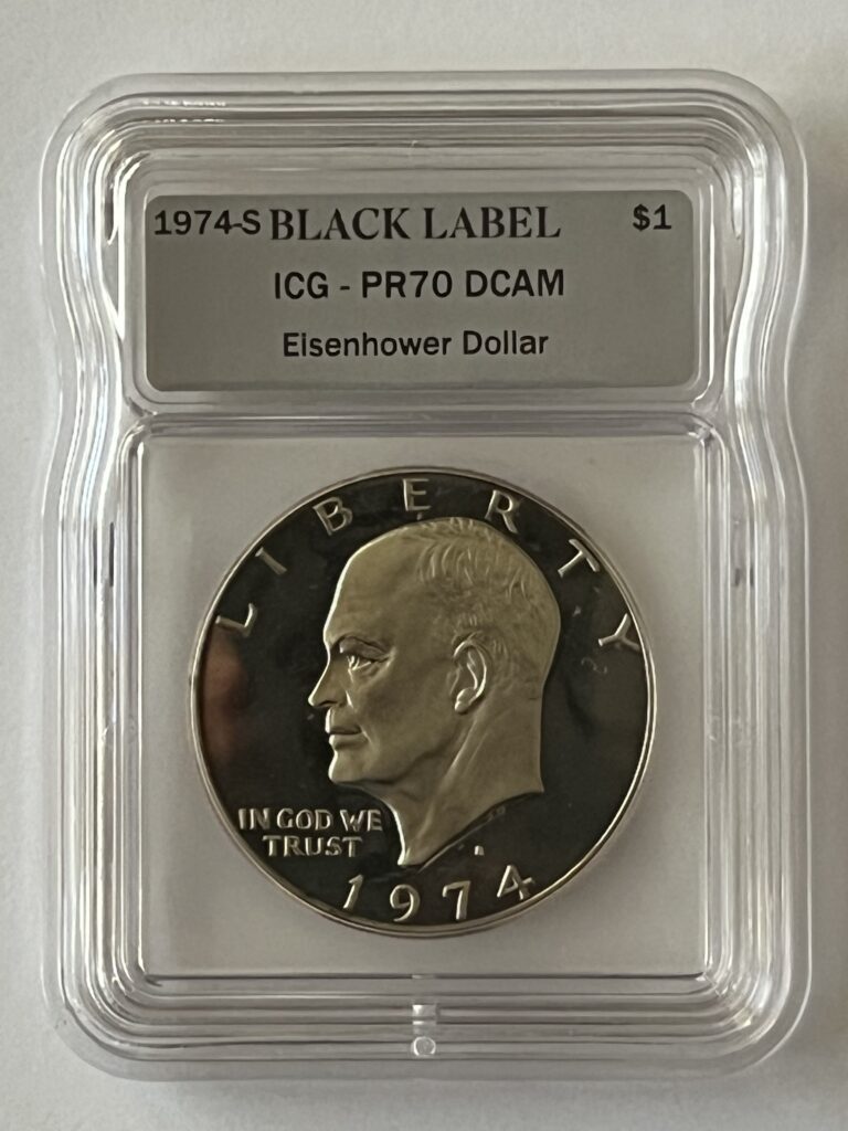 1974-S Eisenhower Dollar – ICG PR70 DCAM (Flawless Black Label Edition!)