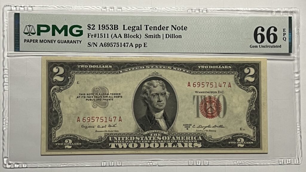 PMG 66 EPQ – 1953B $2 Legal Tender Note (AA Block)