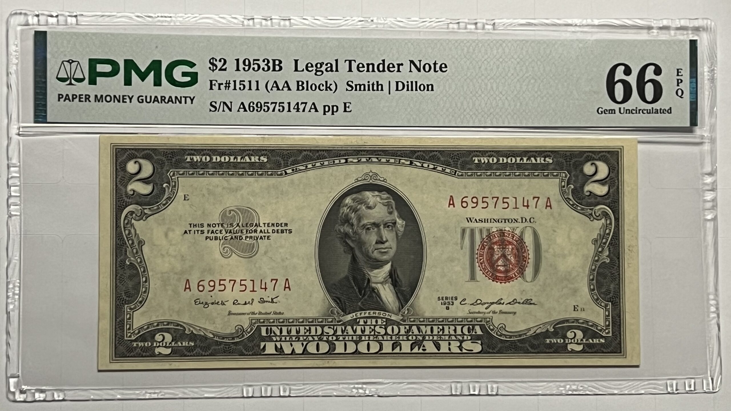 PMG 66 EPQ – 1953B $2 Legal Tender Note (AA Block)