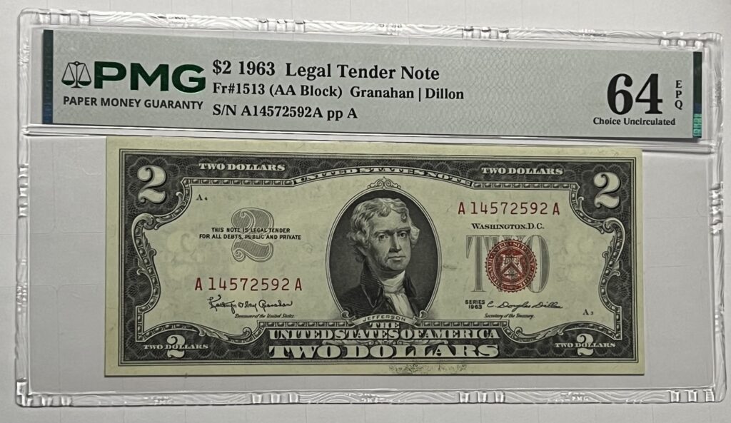 PMG 64 EPQ – 1963 $2 Legal Tender Note (AA Block)