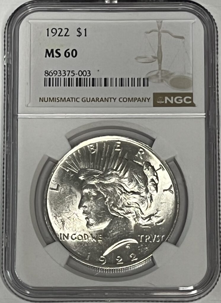 1922 Peace Silver Dollar, certified MS60 by NGC