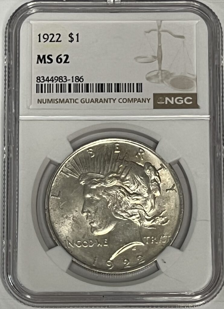 1922 Peace Silver Dollar, certified MS62 by NGC