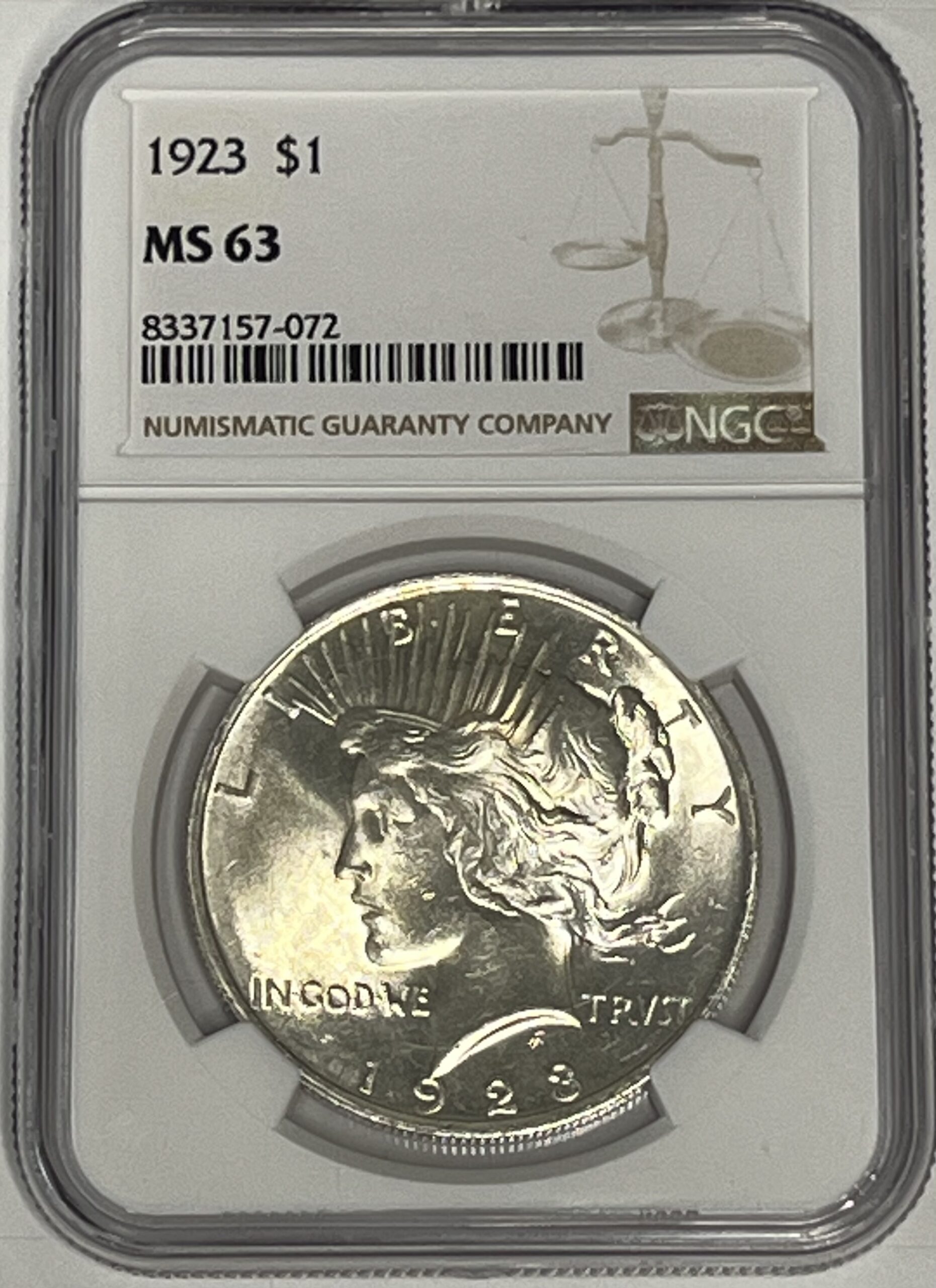 1923 Peace Silver Dollar, certified MS63 by NGC