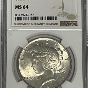 1922 Peace Silver Dollar, certified MS64 by NGC
