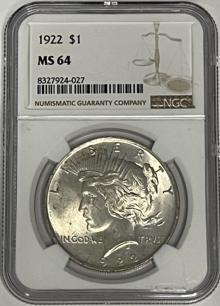1922 Peace Silver Dollar, certified MS64 by NGC