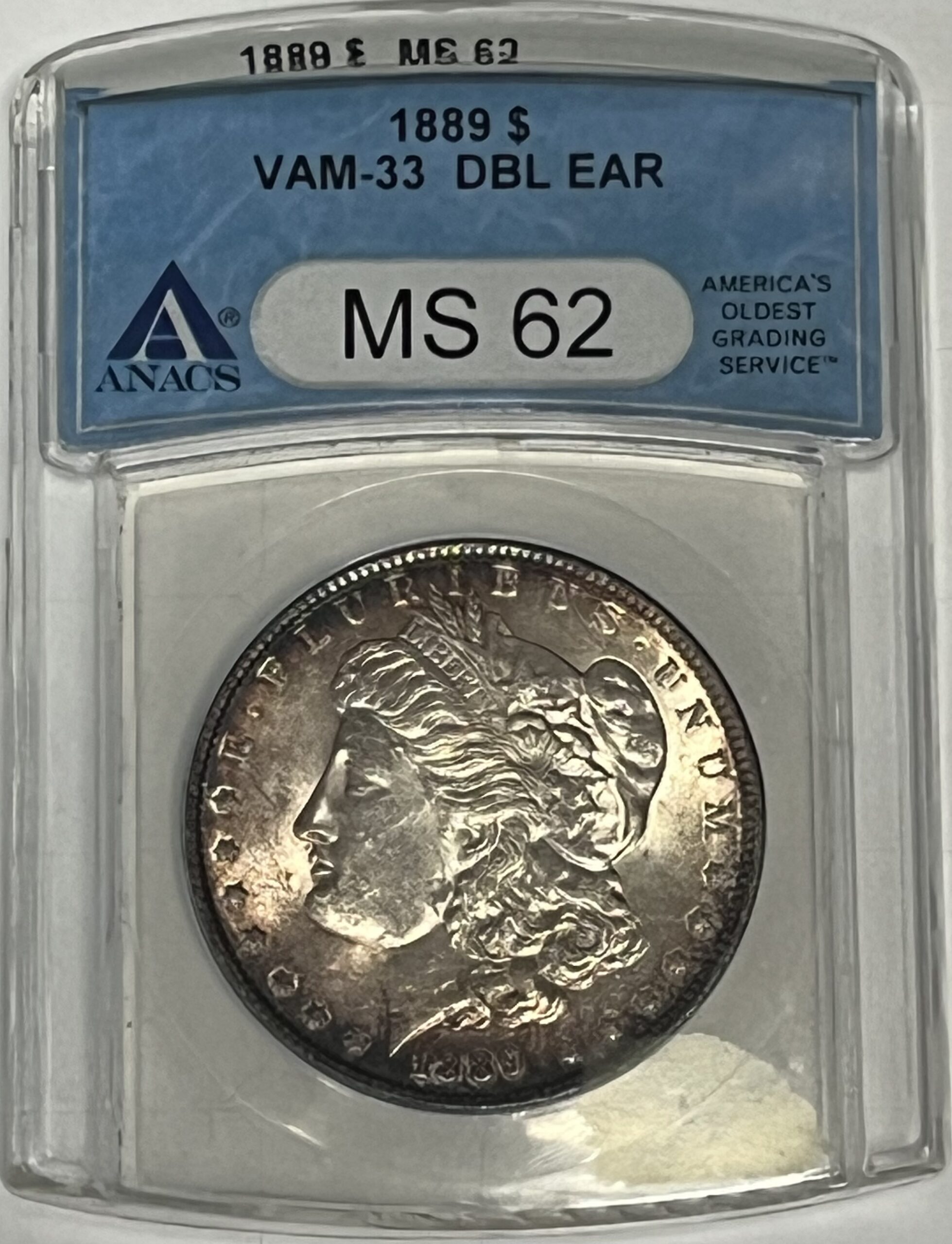 1889 Morgan Silver Dollar – VAM 33 Doubled Ear – ANACS MS62