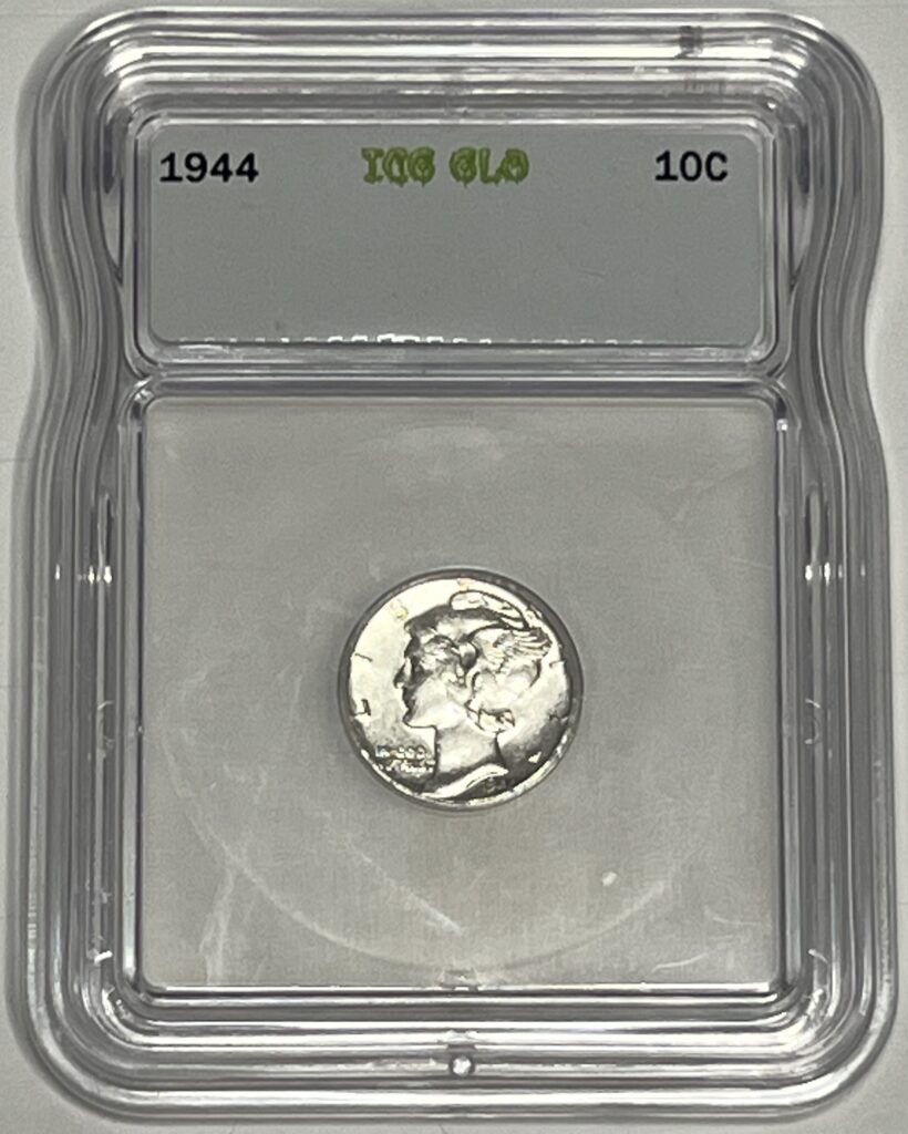 1944 Mercury Dime – ICG AU55 – Black‑Light Reactive Display